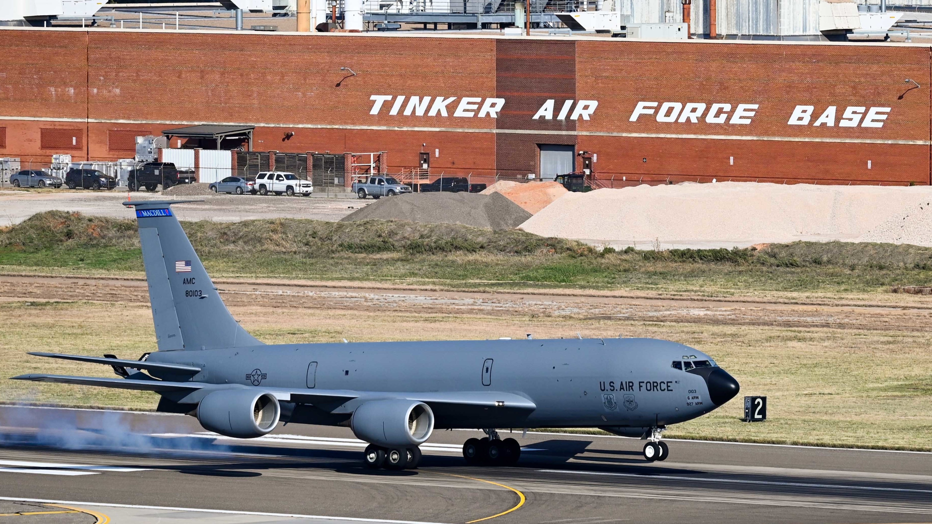 KC-135 aircraft landing at Tinker AFB